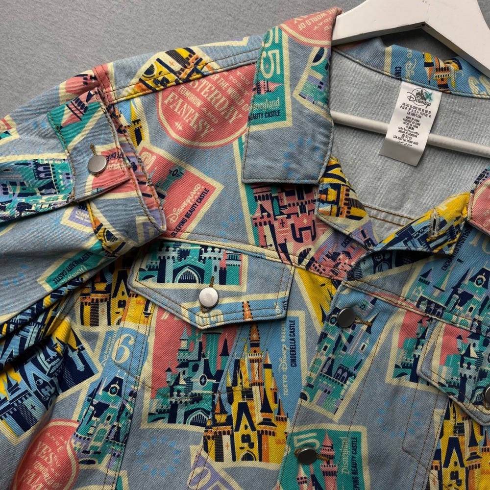 Disney Parks Castle Postage Stamp Denim Trucker Jacket XL Multicolor Graphic